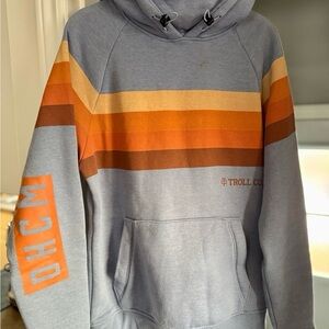 Troll Clothing Co. Gray Hoodie with Orange and Brown Stripes